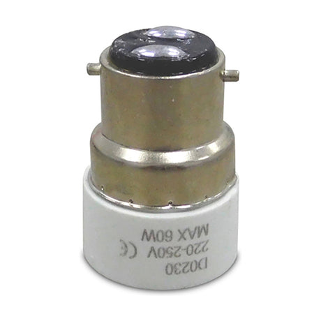 Elements E14 Plug Adaptor in white, showing a bayonet cap base with brass pins and an E14 screw thread socket, marked 220-250V MAX 60W on a plain white background.