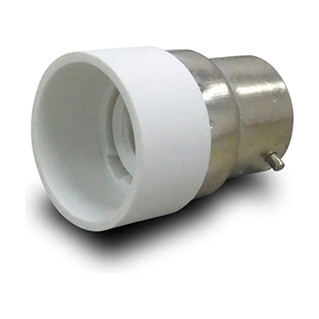 Elements E14 Plug Adaptor in white, showing the bayonet cap pins on a metal base and the white E14 screw thread socket, set against a plain background.