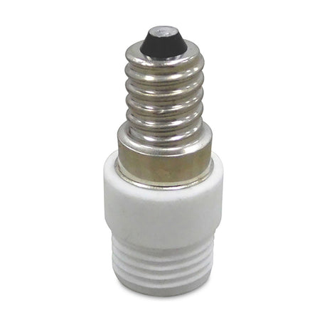 Elements G9 Plug Adaptor, a small SES-to-G9 lampholder converter with metal screw thread and white ceramic cylinder body, shown on a plain white background.