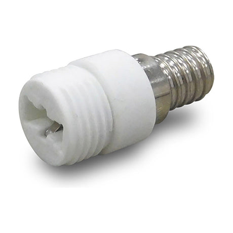Elements G9 plug adaptor, 22mm white ceramic cylinder with SES screw thread on one end and G9 socket on the other, shown on a plain background.