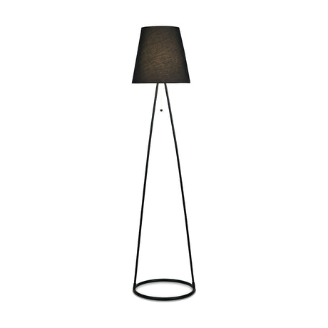 Hayden E27 Floor Lamp with a tall, tapered matt black iron frame, black fabric drum shade, pull switch, and circular base ring, shown on a plain white background.