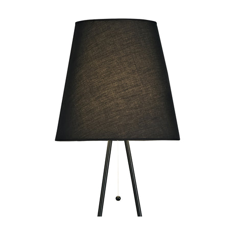 Hayden E27 floor lamp in matt black with a tapered black fabric drum shade, tripod legs, and a pull-cord switch, shown on a plain white background.