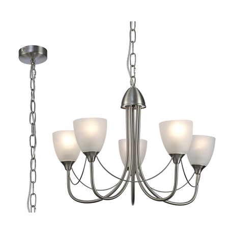 Cooper 5 Light E14 Semi Flush Ceiling Light, 54cm satin nickel frame with five opal white glass shades, shown with hanging chain and ceiling mount on a plain white background.