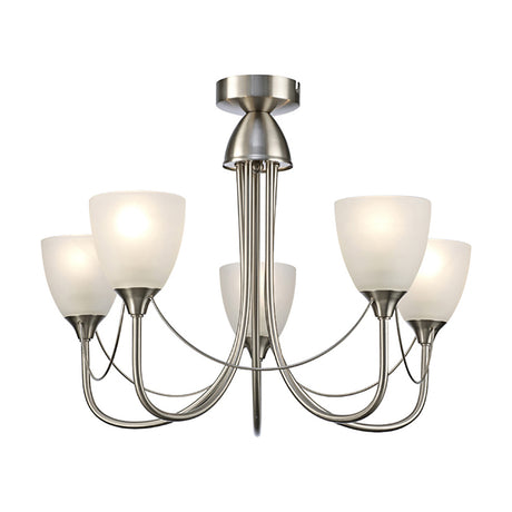 Cooper 5 Light E14 Semi Flush Ceiling Light 54cm in satin nickel, with five curved arms holding opal white glass shades on a plain white background.