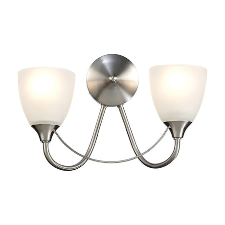 Cooper 2 Light E14 Wall Light in satin nickel, featuring two opal glass shades on curved arms either side of a round wall mount, shown lit against a plain white background.
