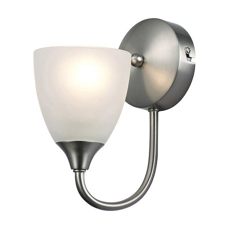 Cooper 1 Light E14 Wall Light in satin nickel, with a curved arm and round backplate holding an opal white glass shade, shown lit on a plain white background.
