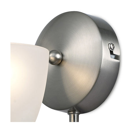 Close-up of the Cooper 1 Light E14 Wall Light in satin nickel, showing the circular backplate, ball-detail arm, and opal glass shade against a plain white background.