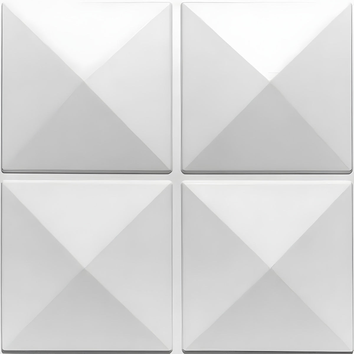 White PVC 3D wall panel, 50 x 50cm, with four square pyramids arranged two by two, raised relief with sharp edges and flat dividing strips, on a plain background.