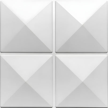 White PVC 3D wall panel, 50 x 50cm, with four square pyramids arranged two by two, raised relief with sharp edges and flat dividing strips, on a plain background.