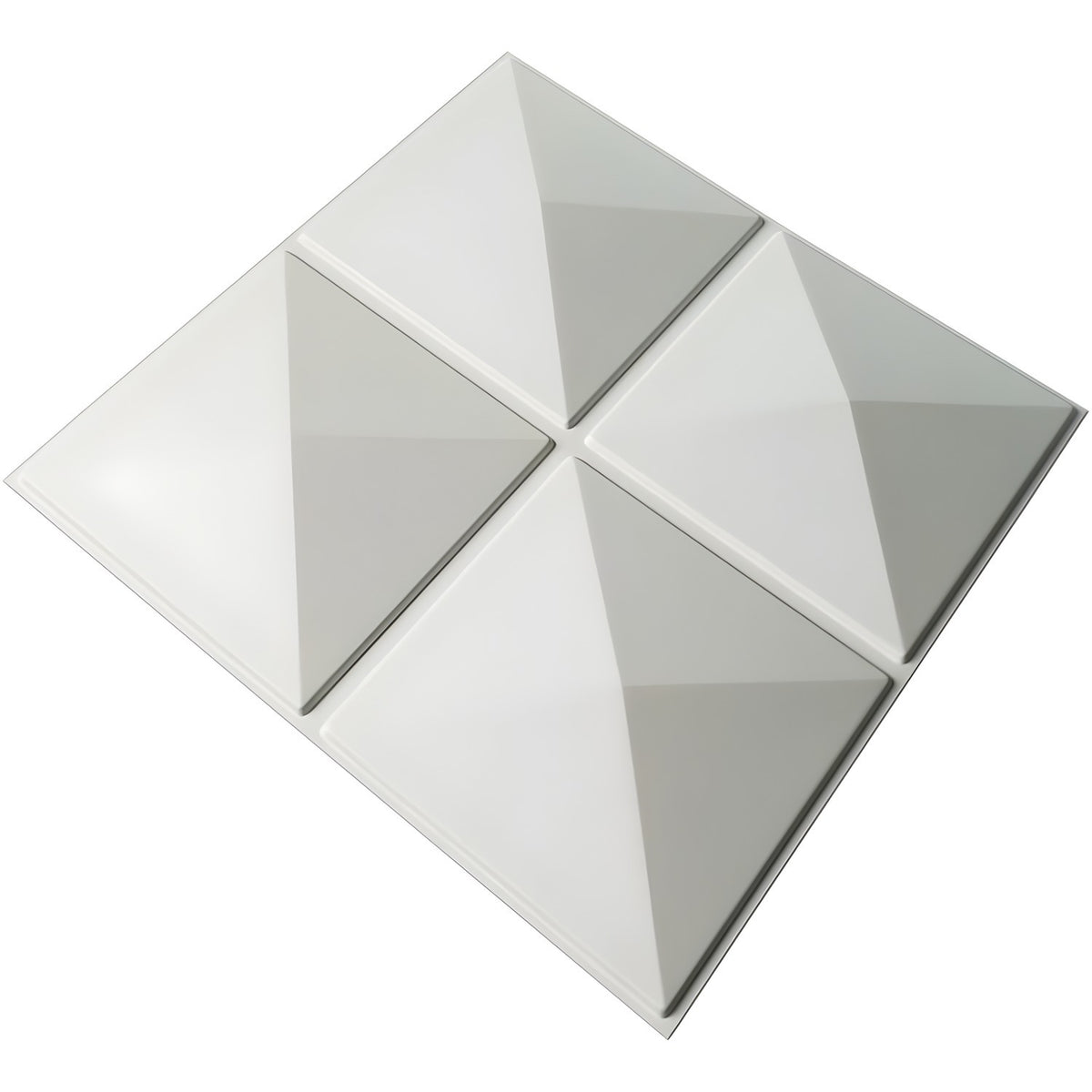 White PVC 3D wall panel, 50 x 50cm, with four square pyramids in a two-by-two layout, raised geometric relief and sharp edges, shown on a plain white background.