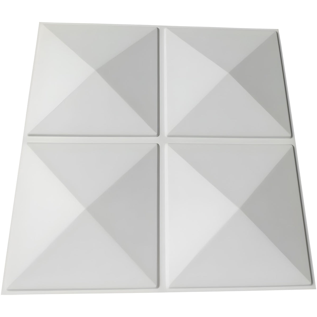 White PVC 3D wall panel, 50 x 50cm, with four square pyramids in a 2x2 layout divided by flat crossing strips, shown on a plain background.