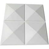 White PVC 3D wall panel, 50 x 50cm, with four square pyramids in a 2x2 layout divided by flat crossing strips, shown on a plain background.