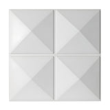 White PVC 3D wall panel, 50 x 50cm, with four square pyramids arranged two by two, divided by flat crossing strips, shown on a plain white background.