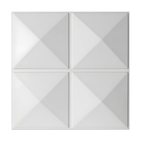 White PVC 3D wall panel, 50 x 50cm, with four square pyramids arranged two by two, divided by flat crossing strips, shown on a plain white background.