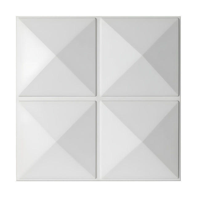 White PVC 3D wall panel, 50 x 50cm, with four square pyramids arranged two by two, divided by flat crossing strips, shown on a plain white background.