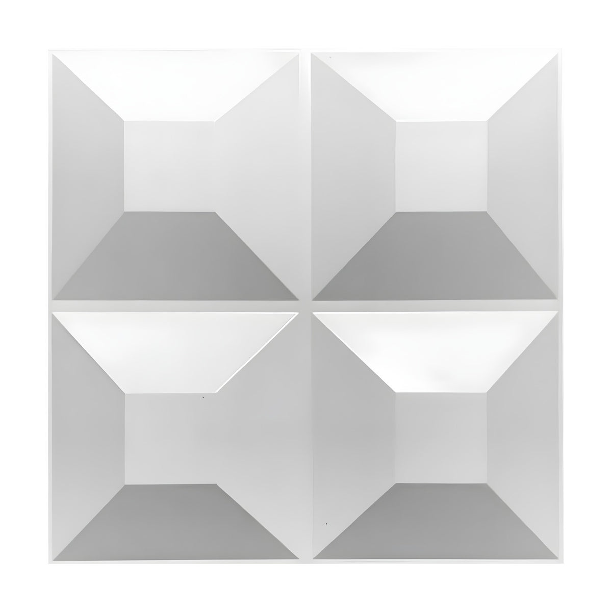 White PVC 3D wall panel, 50 x 50cm, with four flat-topped square pyramids arranged two by two, geometric relief design, shown on a plain white background.