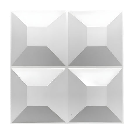 White PVC 3D wall panel, 50 x 50cm, with four flat-topped square pyramids arranged two by two, geometric relief design, shown on a plain white background.