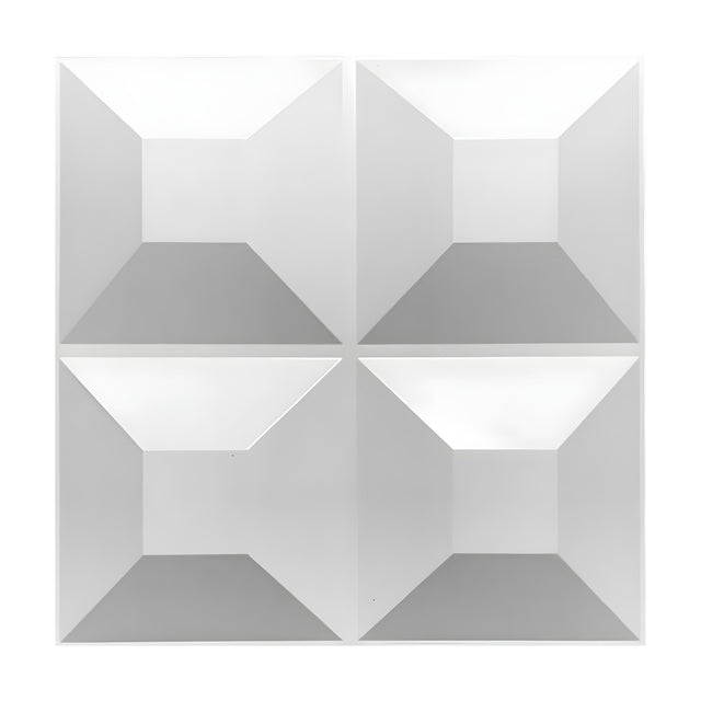 White PVC 3D wall panel, 50 x 50cm, with four flat-topped square pyramids arranged two by two, geometric relief design, shown on a plain white background.