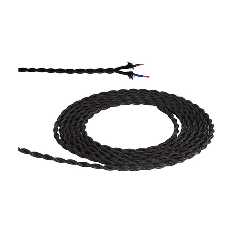 Cavo Twisted Cable, a black fabric-braided 6mm flex coiled on a white background, with one end stripped to show twisted copper conductors in brown and blue.
