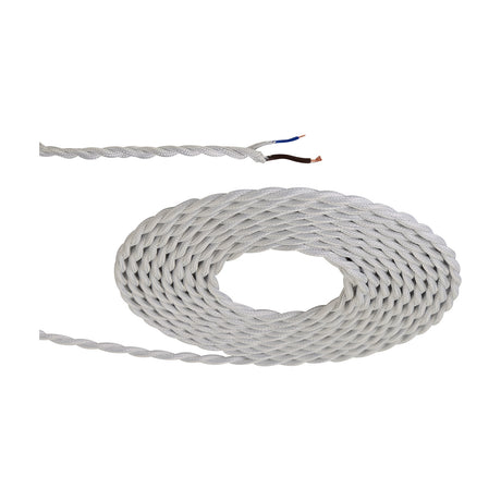 Cavo Twisted Cable, 6mm white fabric-braided flex coiled in a loop with stripped ends showing brown and blue copper cores, on a plain white background.