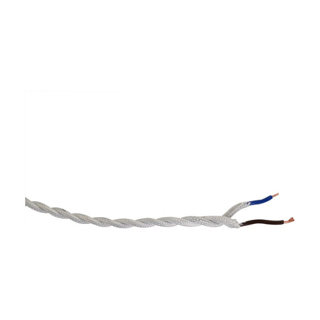 Cavo Twisted Cable, 6mm dia, white fabric-braided flex with two twisted cores, stripped ends showing blue and brown copper wires, on a plain white background.