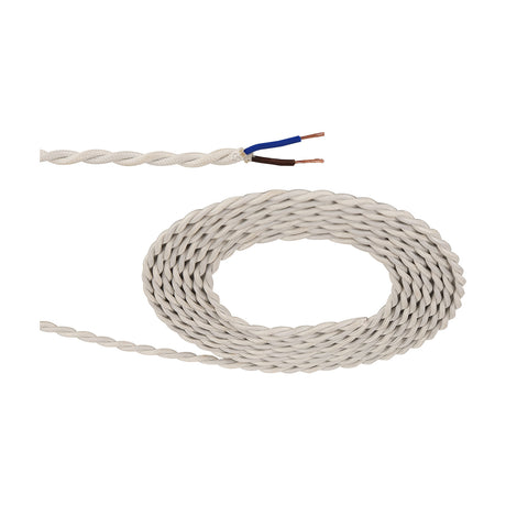 Cavo twisted cable in cream fabric braid, coiled loop with stripped end showing twisted copper conductors in blue and brown insulation, shown on a plain white background.