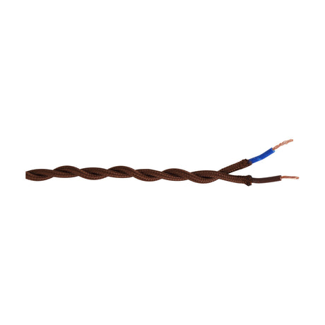 Cavo Braided Twisted Copper Cable, a brown fabric-covered twin-core 0.75mm flex with exposed copper wires and blue/brown insulated tips, shown on a plain white background.
