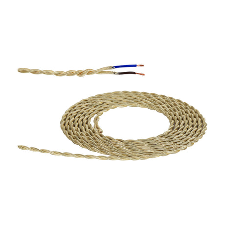 Cavo Twisted Cable, a pale gold fabric-braided two-core flex, coiled and shown with one end stripped to reveal blue and brown copper wires, on a plain white background.