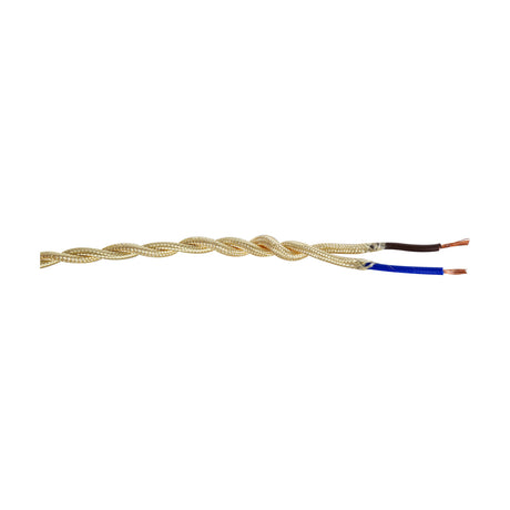 Cavo Twisted Cable in pale gold fabric braid, 5.3mm diameter, showing exposed twisted two-core flex with brown and blue wire ends, on a white background.