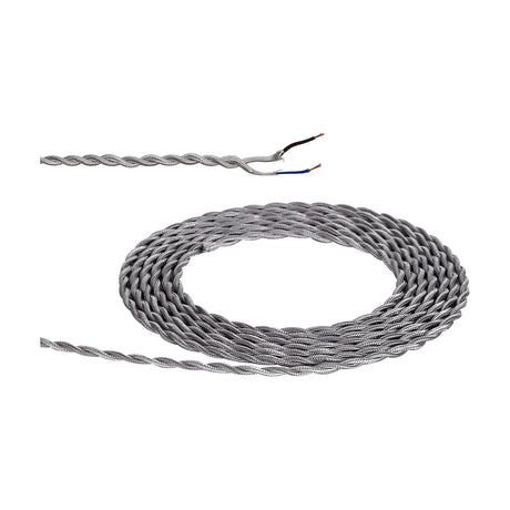 Cavo Twisted Cable, a silver fabric-braided flex coiled on a plain white background, with one end stripped to show brown and blue insulated copper cores.