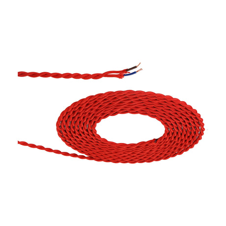 Cavo Twisted Cable, red fabric-braided 2-core flex, 5.3mm diameter, coiled with exposed copper wire ends, shown on a plain white background.