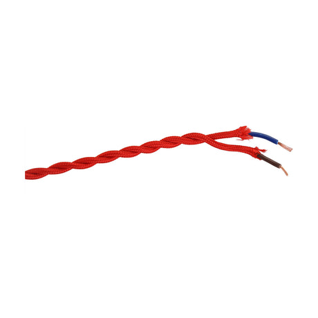Cavo Twisted Cable in red braided fabric, two cores spiral-twisted with stripped ends showing blue and brown copper wires, shown on a plain white background.