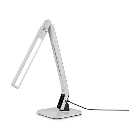 Lido 1 Light Table Lamp in white, adjustable folding arm with linear LED shade, touch dimmer and USB port on the base, square platform stand, on a plain white background.