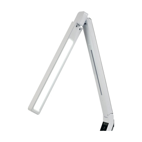 Lido 1 Light Table Lamp in white, folding arm design with an opal diffuser panel along one arm, touch dimmer controls on the base, shown on a plain white background.
