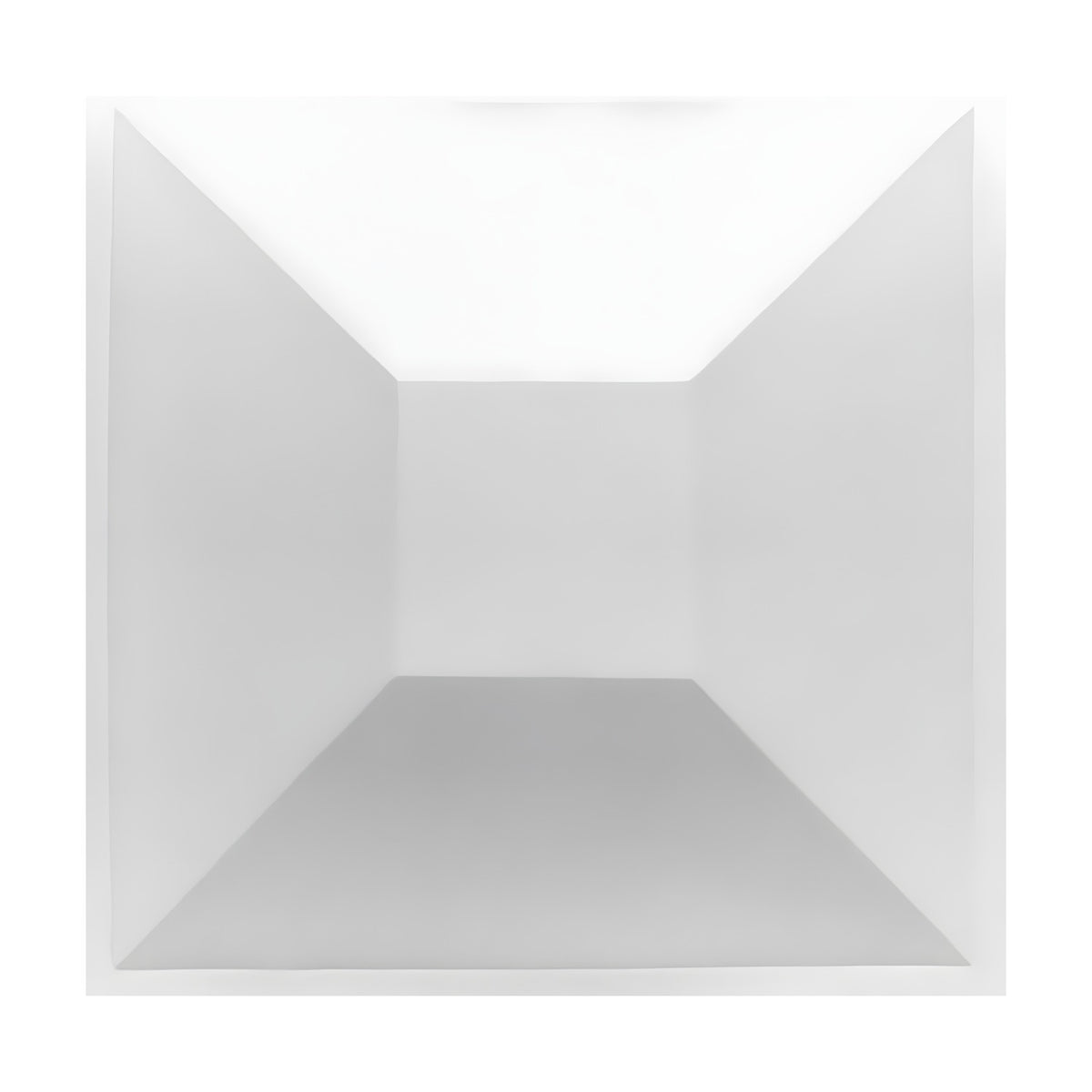 White PVC 3D wall panel, 50 x 50cm, with a truncated square pyramid design featuring sloped trapezoid faces and a flat central square, shown on a plain background.