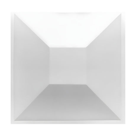 White PVC 3D wall panel, 50 x 50cm, with a truncated square pyramid design featuring sloped trapezoid faces and a flat central square, shown on a plain background.