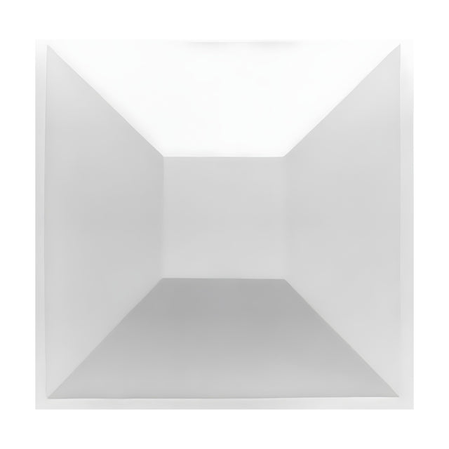 White PVC 3D wall panel, 50 x 50cm, with a truncated square pyramid design featuring sloped trapezoid faces and a flat central square, shown on a plain background.