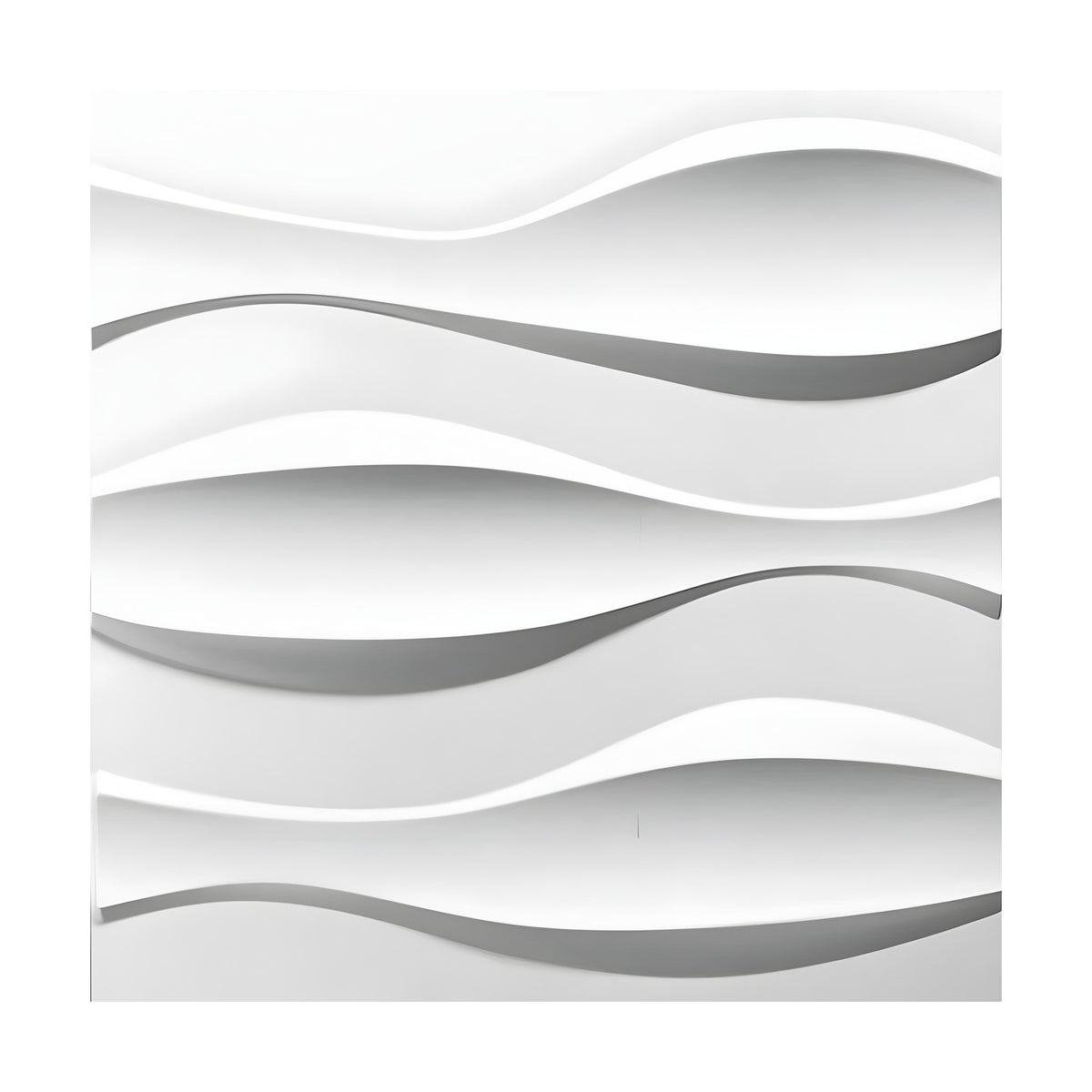 White 3D PVC wall panel, 50 x 50cm, with three raised wavy ribbon bands in a rolling undulating pattern, shown against a plain white background.