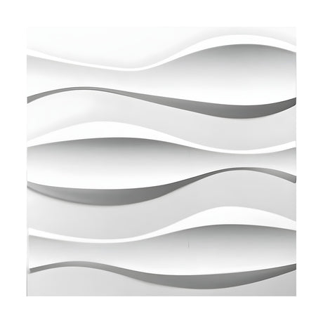 White 3D PVC wall panel, 50 x 50cm, with three raised wavy ribbon bands in a rolling undulating pattern, shown against a plain white background.