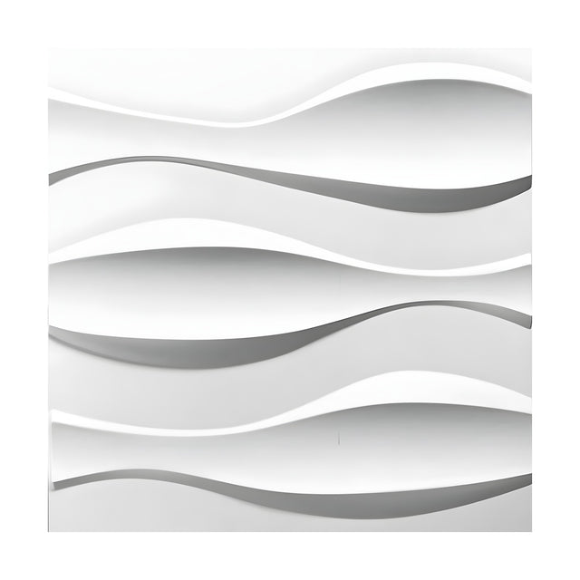 White 3D PVC wall panel, 50 x 50cm, with three raised wavy ribbon bands in a rolling undulating pattern, shown against a plain white background.