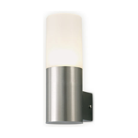 Alpin 10W IP44 outdoor wall light in stainless steel, a cylindrical fixture with a frosted polycarbonate top diffuser and wall mounting bracket, shown lit against a plain white background.