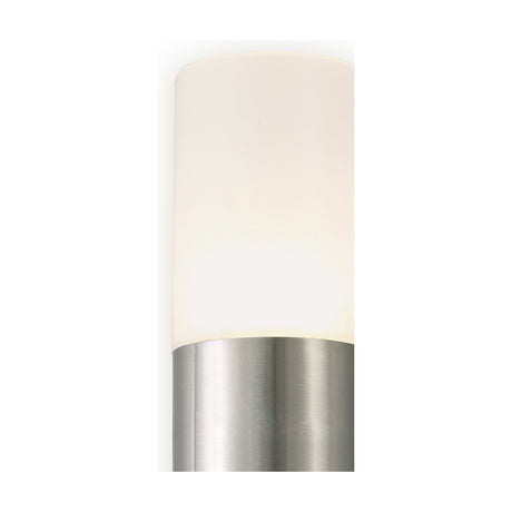 Close-up of the Alpin 10W IP44 outdoor wall light, showing its frosted polycarbonate cylindrical diffuser above a stainless steel base, on a plain white background.