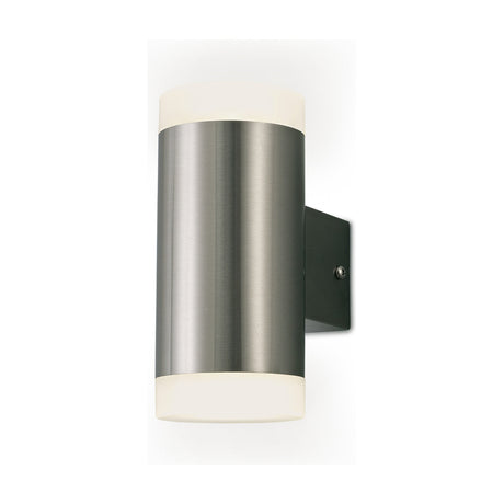 Alpin 8W IP44 outdoor wall light, a stainless steel cylinder with frosted polycarbonate diffusers at top and bottom, wall-mounted bracket, shown on a plain white background.
