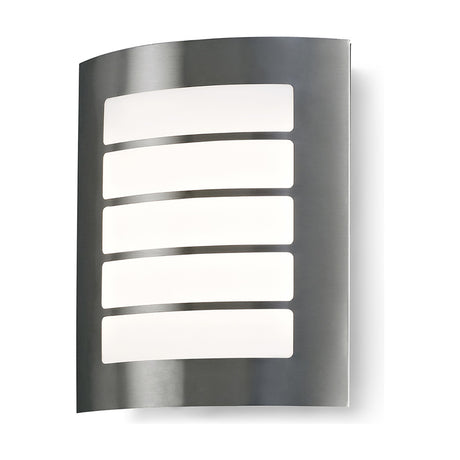 Allegra 14W IP44 rectangular outdoor wall light with a curved stainless steel faceplate, five horizontal slots showing a frosted white polycarbonate diffuser, shown on a plain white background.