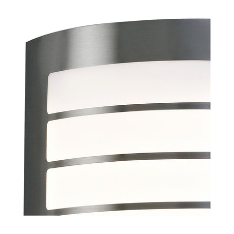 Close-up of the Allegra 14W IP44 outdoor wall light in stainless steel, showing horizontal slotted bars over a frosted polycarbonate diffuser panel.