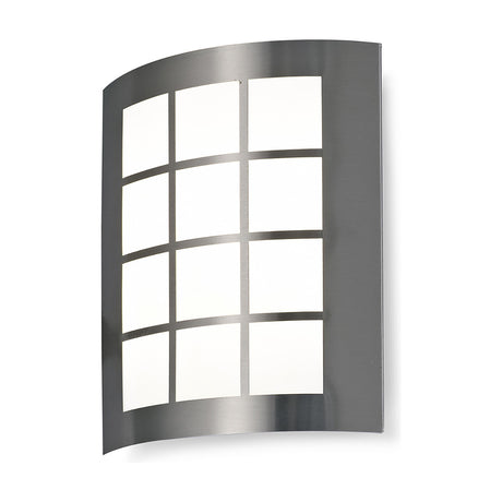Allegra IP44 square outdoor wall light in stainless steel with a grid-patterned cover over a frosted polycarbonate diffuser, shown on a plain white background.