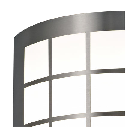 Close-up of the Allegra IP44 Outdoor Wall Light in stainless steel, showing the curved square grid cover over a frosted polycarbonate diffuser, shown on a white background.