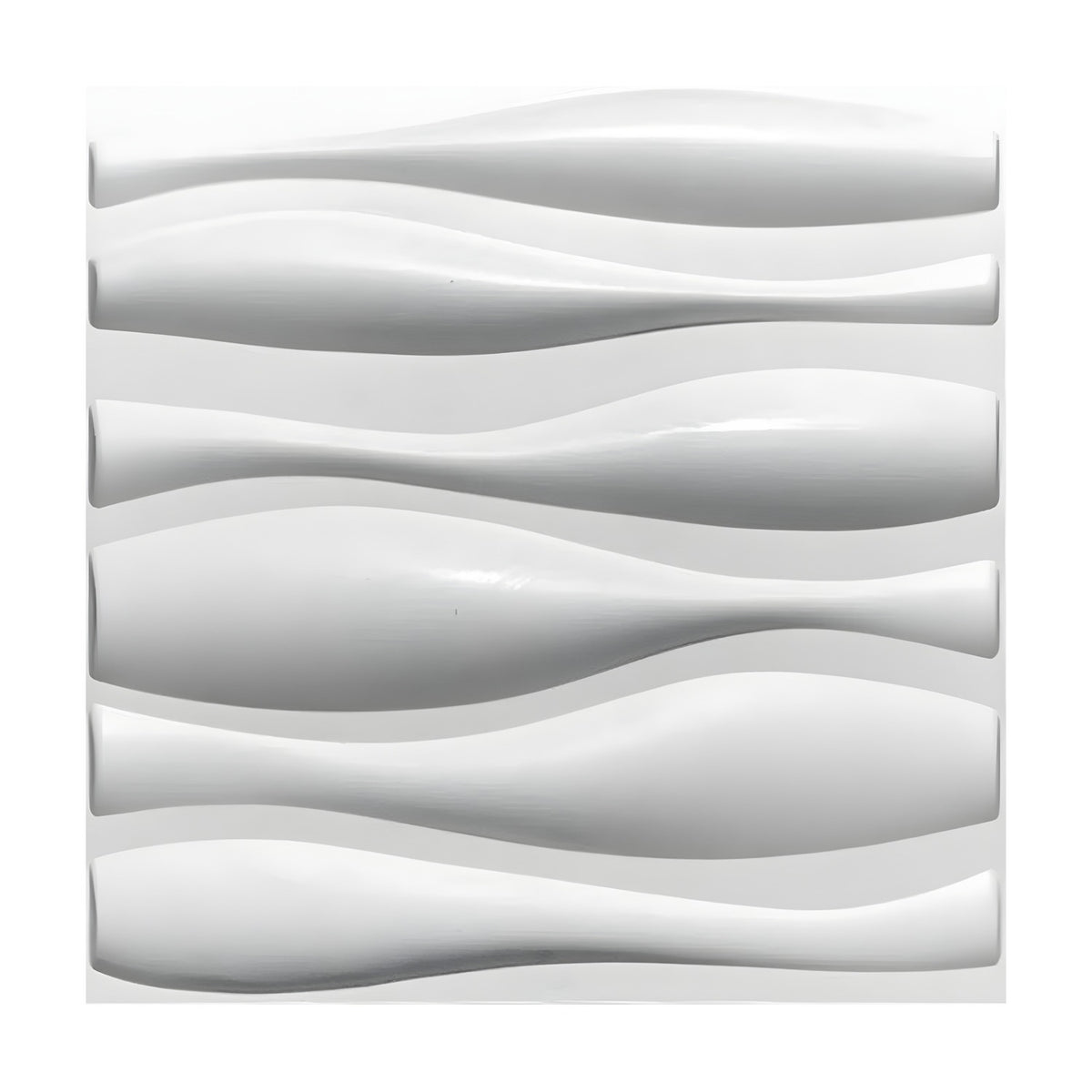 White square 3D PVC wall panel, 50 x 50cm, featuring six horizontal wave bands that swell and narrow in a staggered pattern, shown on a plain background.