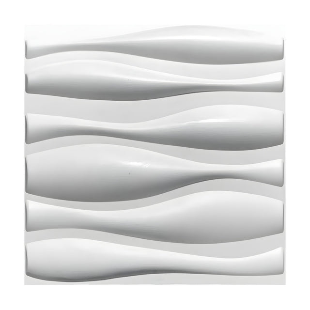 White square 3D PVC wall panel, 50 x 50cm, featuring six horizontal wave bands that swell and narrow in a staggered pattern, shown on a plain background.