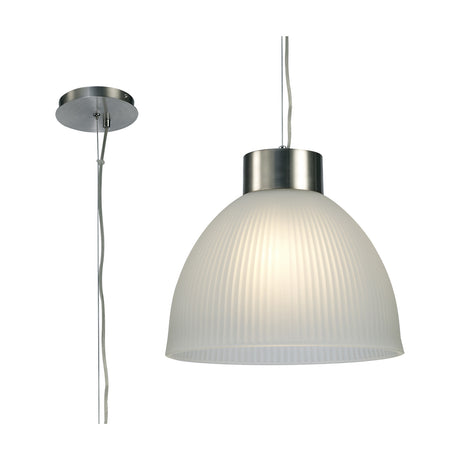 Hof E27 Pendant Light 34.5cm in Satin Nickel, showing the round ceiling rose and cable alongside the ribbed frosted glass dome shade, lit, on a white background.